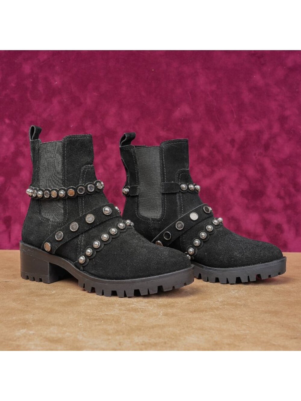 Karl Lagefeld Paris Women Pia Black Suede Stud Festival party Moto Lug Boots 7